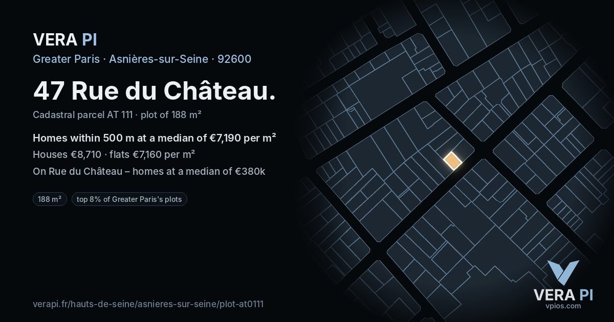 47 Rue du Château, Asnières-sur-Seine at night – the plot lit, the parcels around coloured by the prices near them