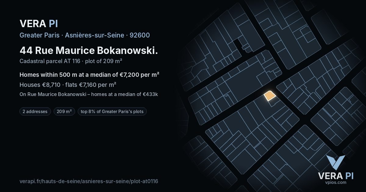 44 Rue Maurice Bokanowski, Asnières-sur-Seine at night – the plot lit, the parcels around coloured by the prices near them