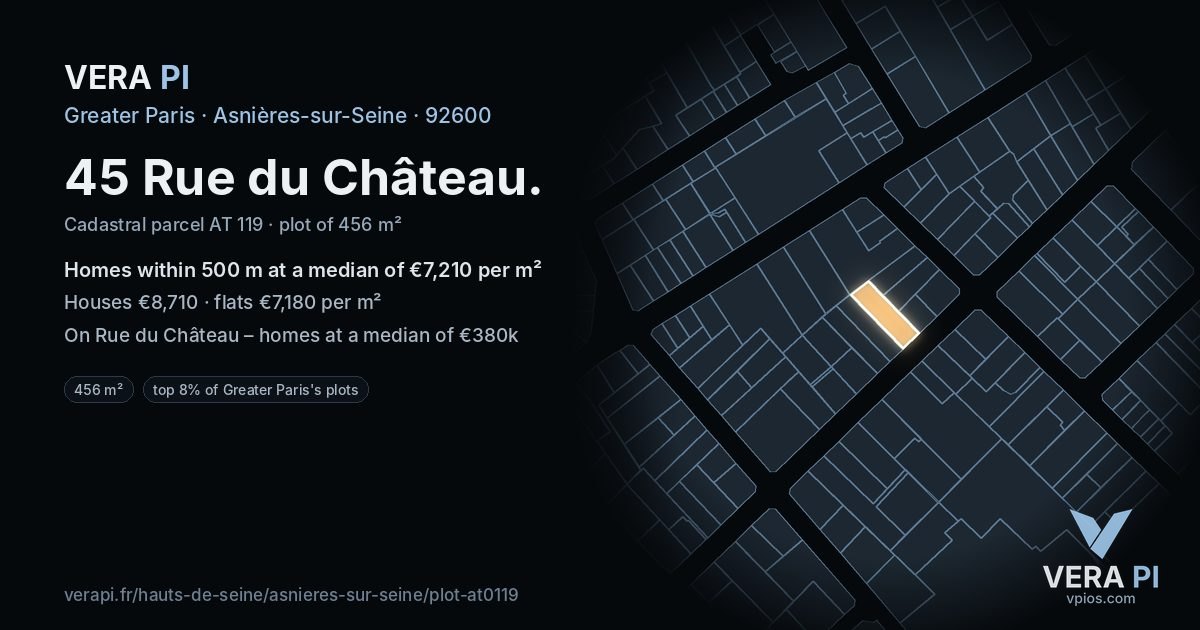 45 Rue du Château, Asnières-sur-Seine at night – the plot lit, the parcels around coloured by the prices near them