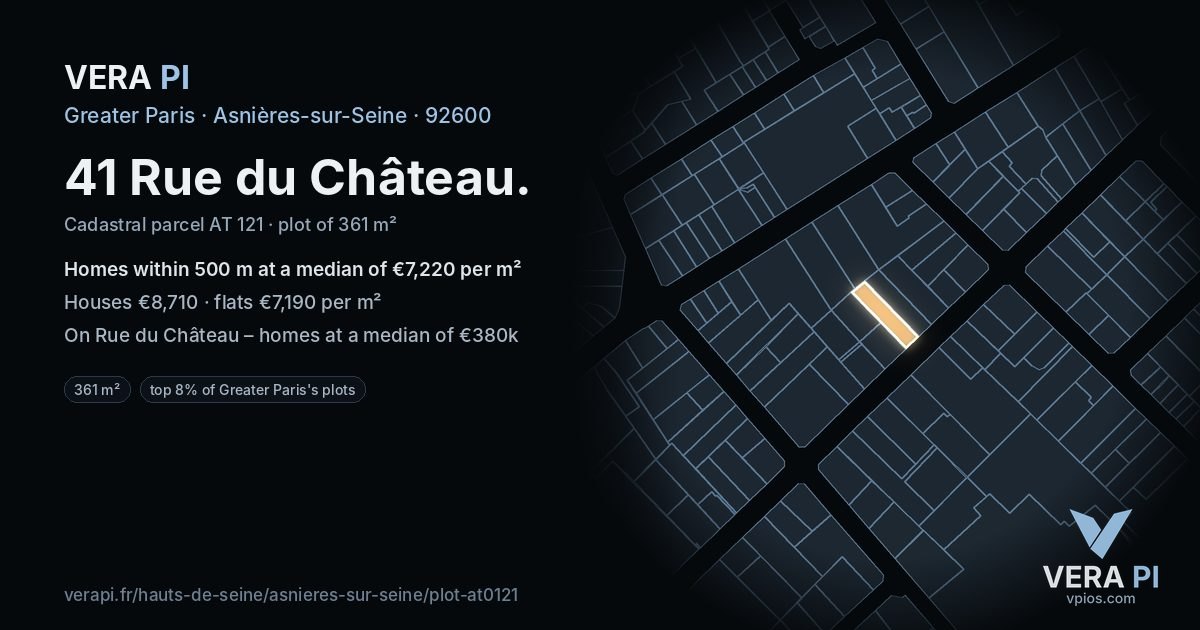 41 Rue du Château, Asnières-sur-Seine at night – the plot lit, the parcels around coloured by the prices near them