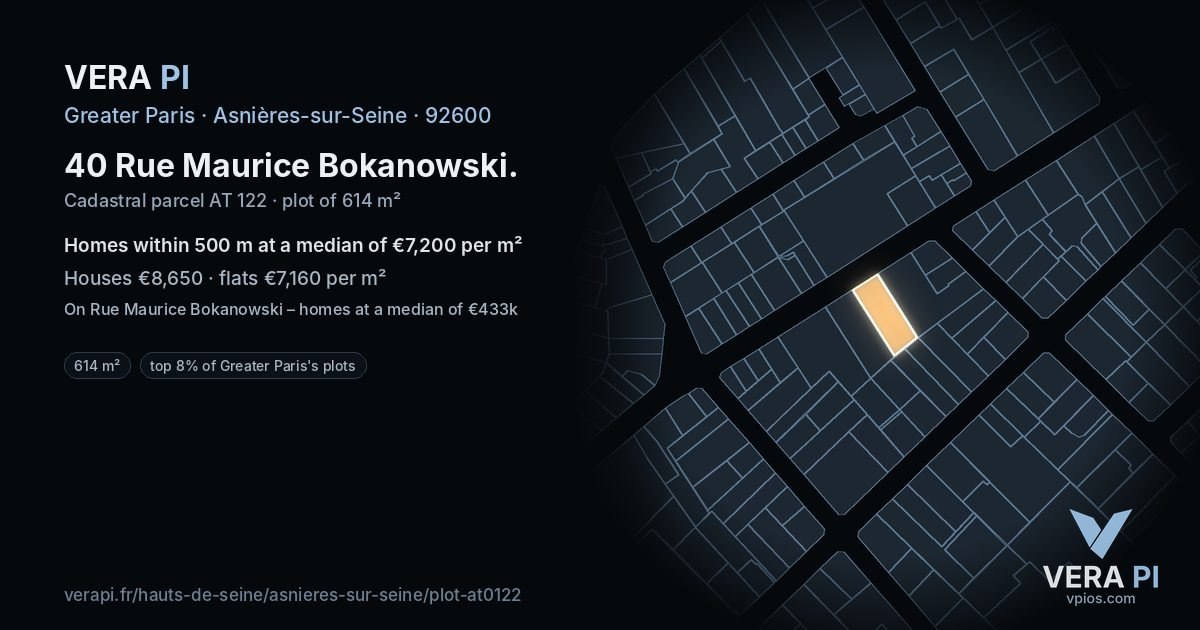 40 Rue Maurice Bokanowski, Asnières-sur-Seine at night – the plot lit, the parcels around coloured by the prices near them