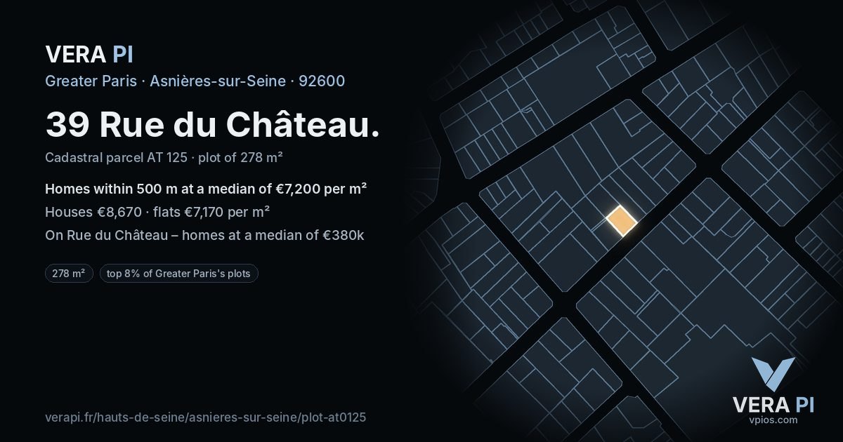 39 Rue du Château, Asnières-sur-Seine at night – the plot lit, the parcels around coloured by the prices near them