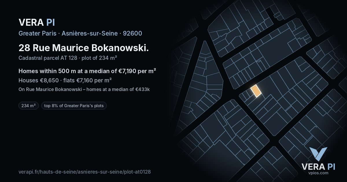 28 Rue Maurice Bokanowski, Asnières-sur-Seine at night – the plot lit, the parcels around coloured by the prices near them