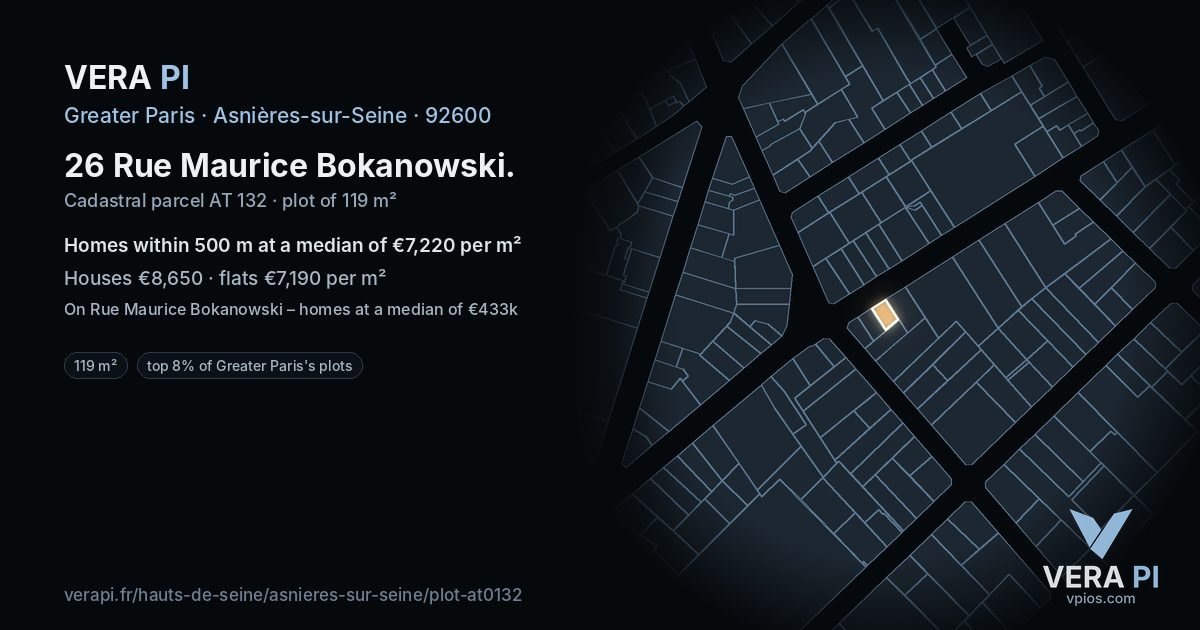 26 Rue Maurice Bokanowski, Asnières-sur-Seine at night – the plot lit, the parcels around coloured by the prices near them