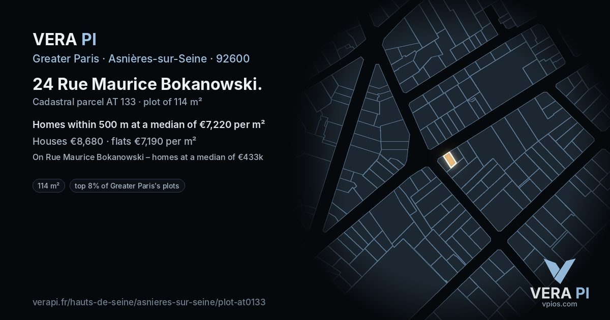24 Rue Maurice Bokanowski, Asnières-sur-Seine at night – the plot lit, the parcels around coloured by the prices near them