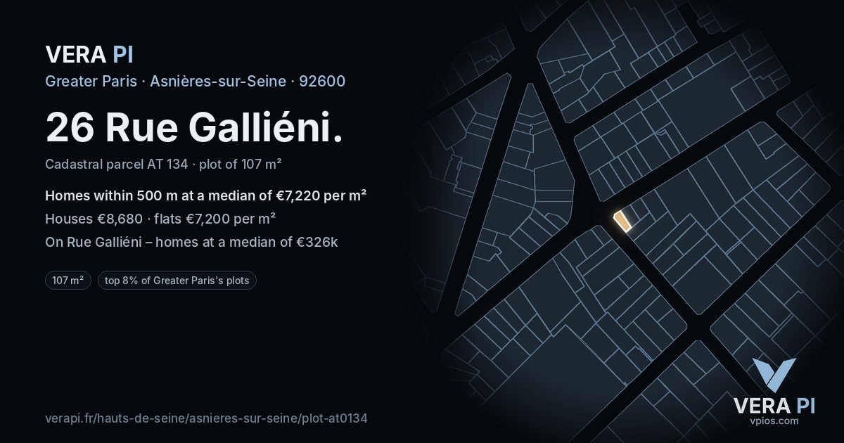 26 Rue Galliéni, Asnières-sur-Seine at night – the plot lit, the parcels around coloured by the prices near them