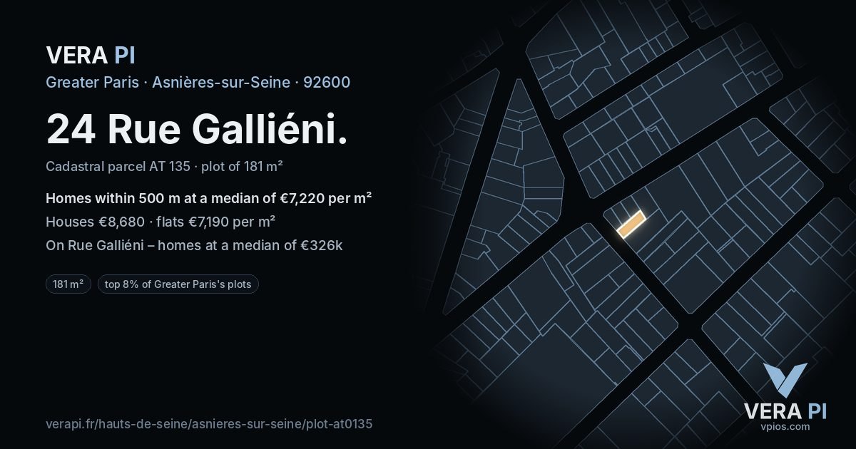 24 Rue Galliéni, Asnières-sur-Seine at night – the plot lit, the parcels around coloured by the prices near them