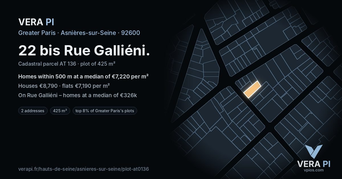 22 bis Rue Galliéni, Asnières-sur-Seine at night – the plot lit, the parcels around coloured by the prices near them