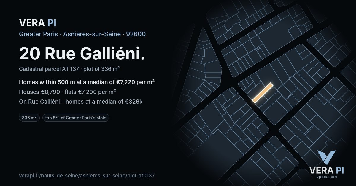 20 Rue Galliéni, Asnières-sur-Seine at night – the plot lit, the parcels around coloured by the prices near them
