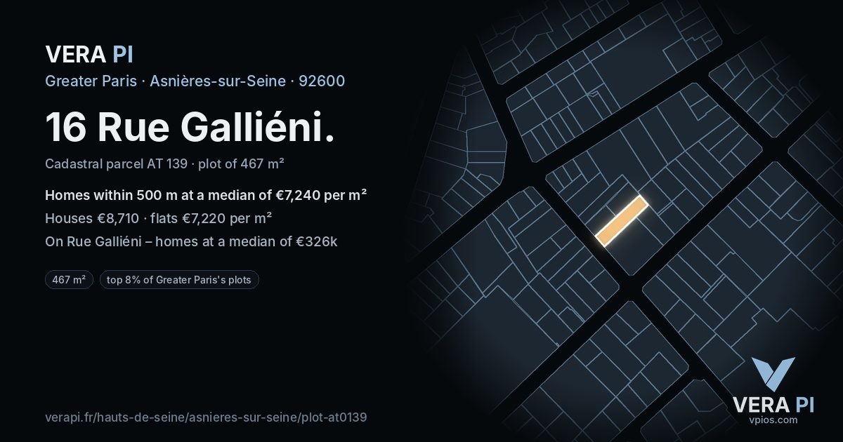 16 Rue Galliéni, Asnières-sur-Seine at night – the plot lit, the parcels around coloured by the prices near them