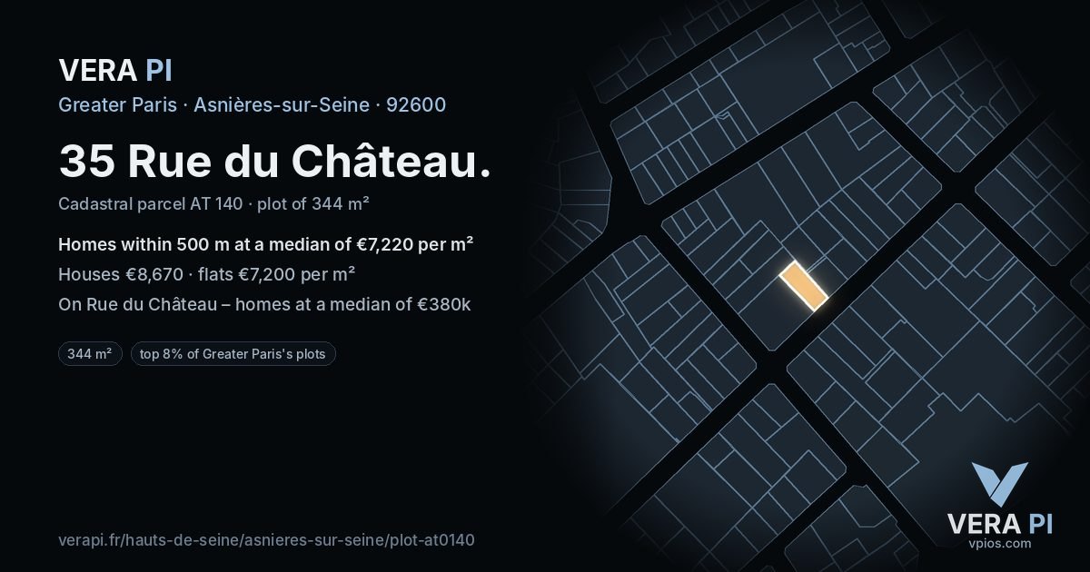 35 Rue du Château, Asnières-sur-Seine at night – the plot lit, the parcels around coloured by the prices near them