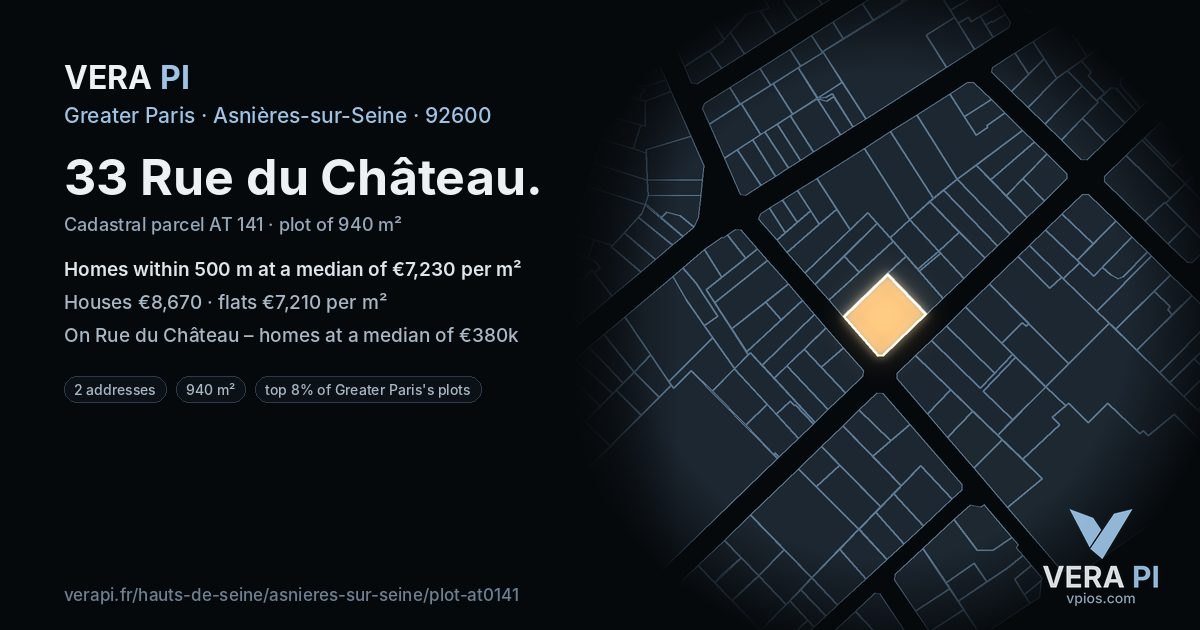 33 Rue du Château, Asnières-sur-Seine at night – the plot lit, the parcels around coloured by the prices near them
