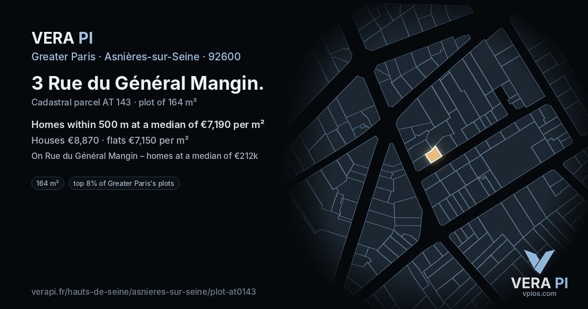 3 Rue du Général Mangin, Asnières-sur-Seine at night – the plot lit, the parcels around coloured by the prices near them