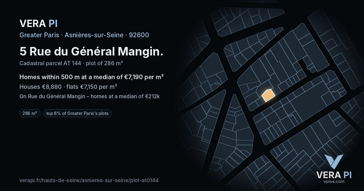 5 Rue du Général Mangin, Asnières-sur-Seine at night – the plot lit, the parcels around coloured by the prices near them