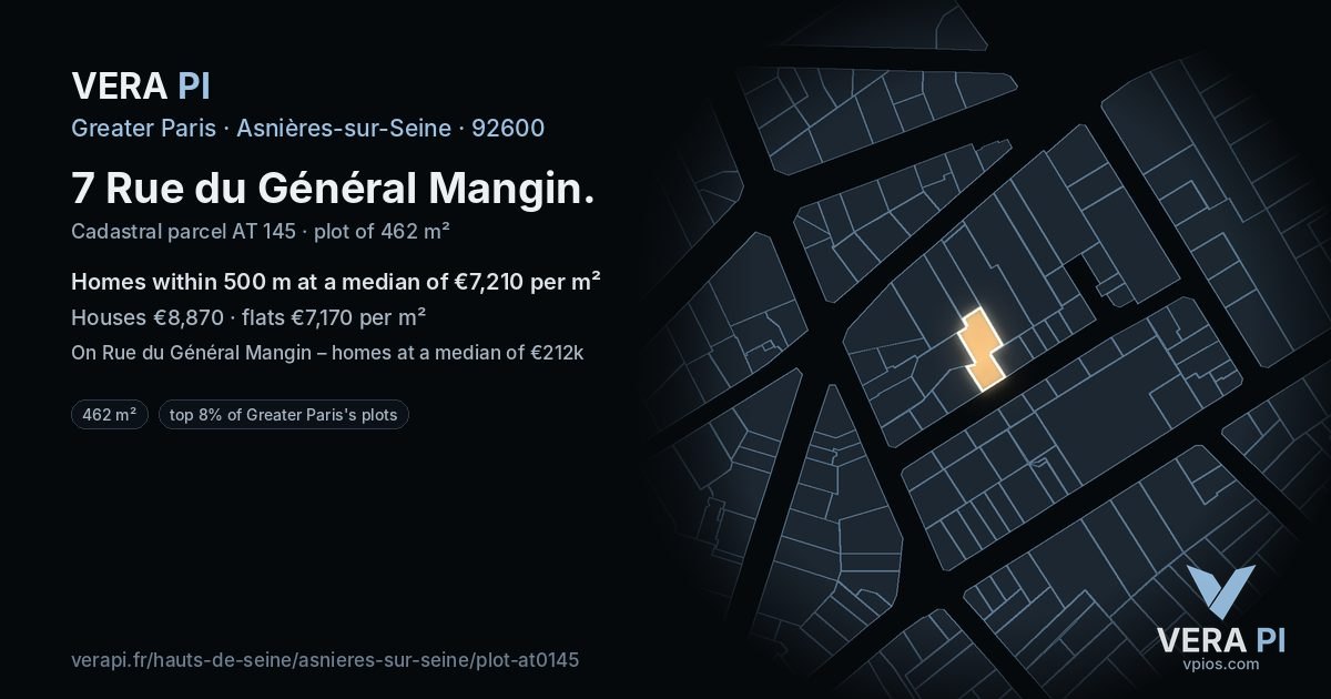 7 Rue du Général Mangin, Asnières-sur-Seine at night – the plot lit, the parcels around coloured by the prices near them