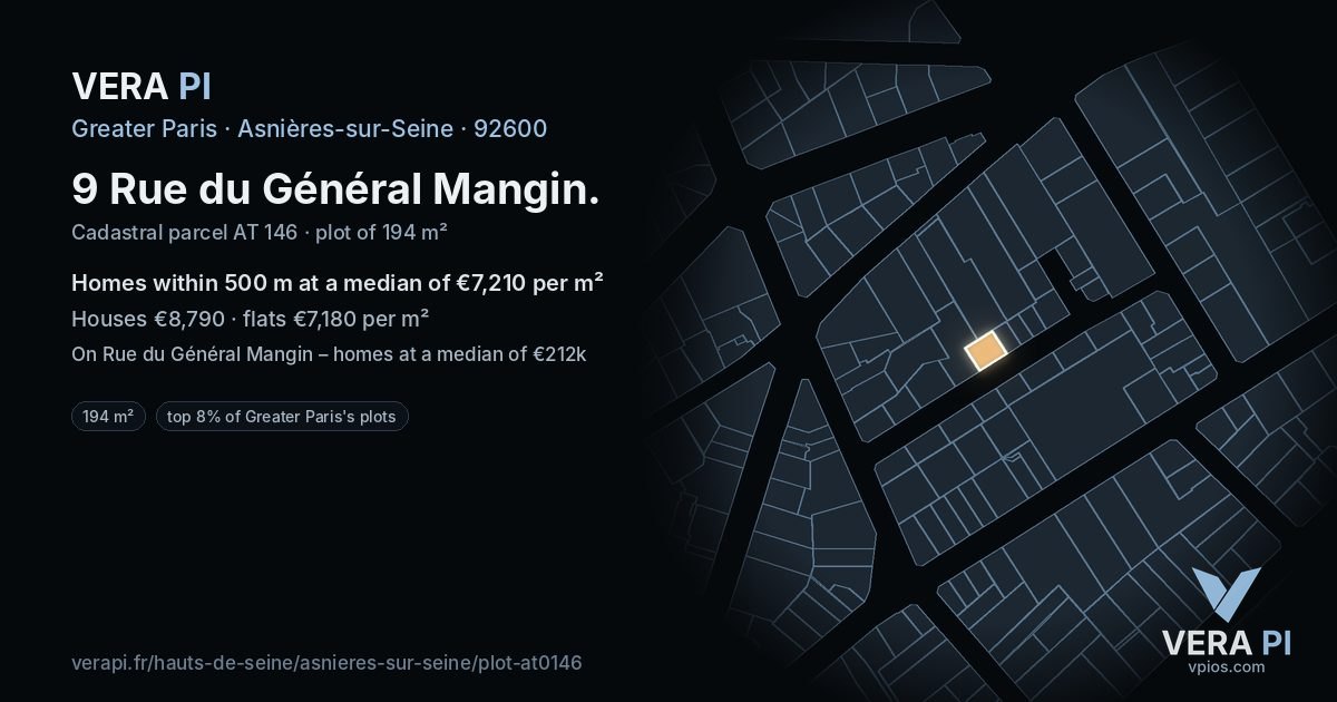 9 Rue du Général Mangin, Asnières-sur-Seine at night – the plot lit, the parcels around coloured by the prices near them
