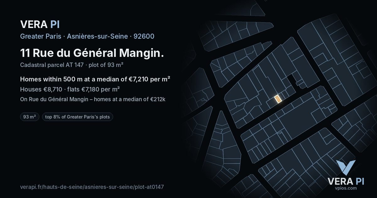 11 Rue du Général Mangin, Asnières-sur-Seine at night – the plot lit, the parcels around coloured by the prices near them