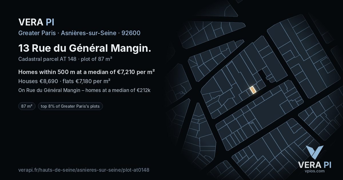13 Rue du Général Mangin, Asnières-sur-Seine at night – the plot lit, the parcels around coloured by the prices near them
