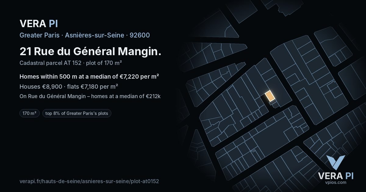 21 Rue du Général Mangin, Asnières-sur-Seine at night – the plot lit, the parcels around coloured by the prices near them