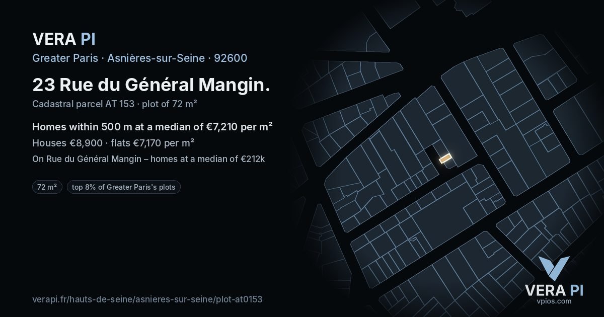 23 Rue du Général Mangin, Asnières-sur-Seine at night – the plot lit, the parcels around coloured by the prices near them