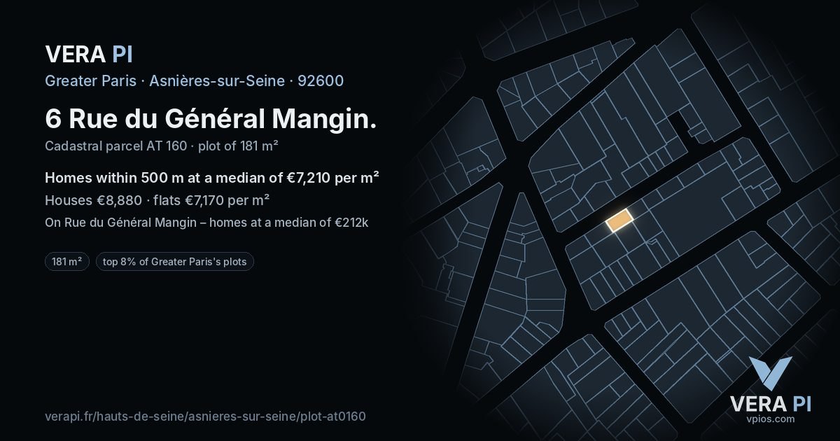 6 Rue du Général Mangin, Asnières-sur-Seine at night – the plot lit, the parcels around coloured by the prices near them