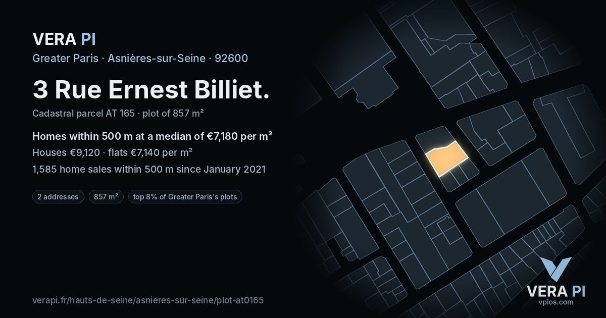 3 Rue Ernest Billiet, Asnières-sur-Seine at night – the plot lit, the parcels around coloured by the prices near them