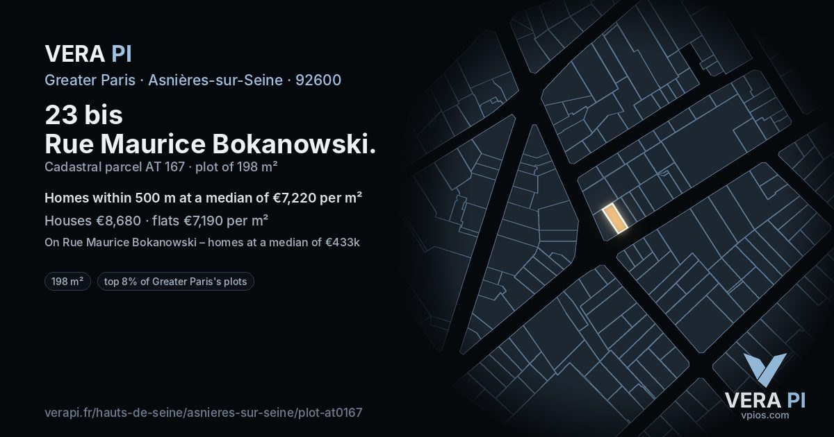 23 bis Rue Maurice Bokanowski, Asnières-sur-Seine at night – the plot lit, the parcels around coloured by the prices near them