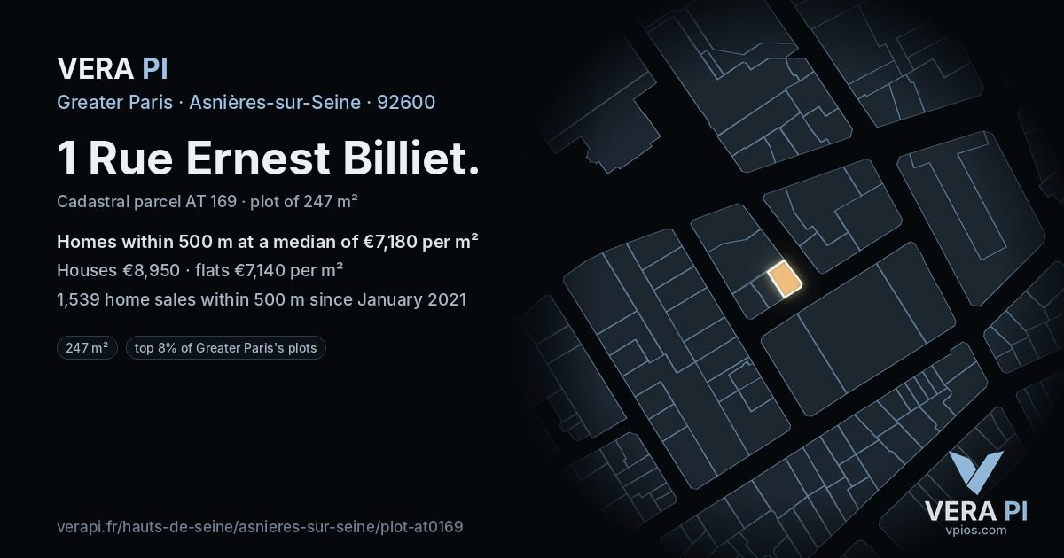 1 Rue Ernest Billiet, Asnières-sur-Seine at night – the plot lit, the parcels around coloured by the prices near them