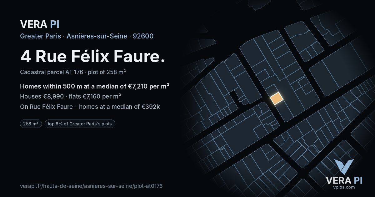 4 Rue Félix Faure, Asnières-sur-Seine at night – the plot lit, the parcels around coloured by the prices near them