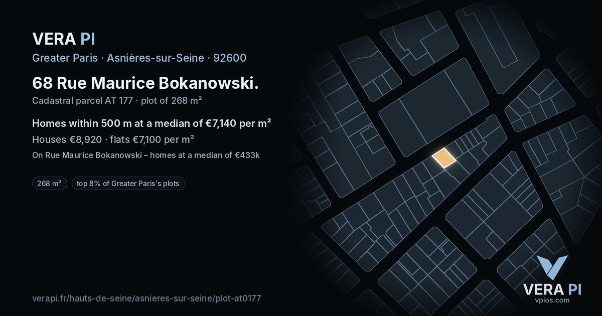 68 Rue Maurice Bokanowski, Asnières-sur-Seine at night – the plot lit, the parcels around coloured by the prices near them