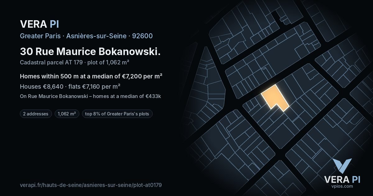 30 Rue Maurice Bokanowski, Asnières-sur-Seine at night – the plot lit, the parcels around coloured by the prices near them