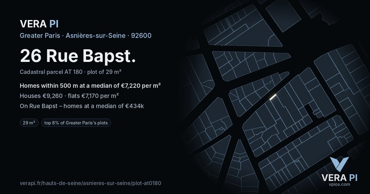 26 Rue Bapst, Asnières-sur-Seine at night – the plot lit, the parcels around coloured by the prices near them