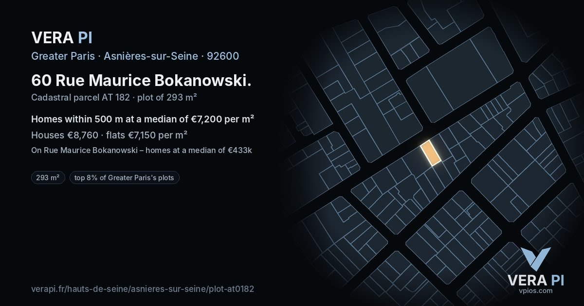 60 Rue Maurice Bokanowski, Asnières-sur-Seine at night – the plot lit, the parcels around coloured by the prices near them
