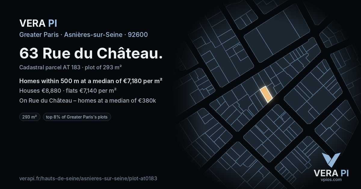 63 Rue du Château, Asnières-sur-Seine at night – the plot lit, the parcels around coloured by the prices near them