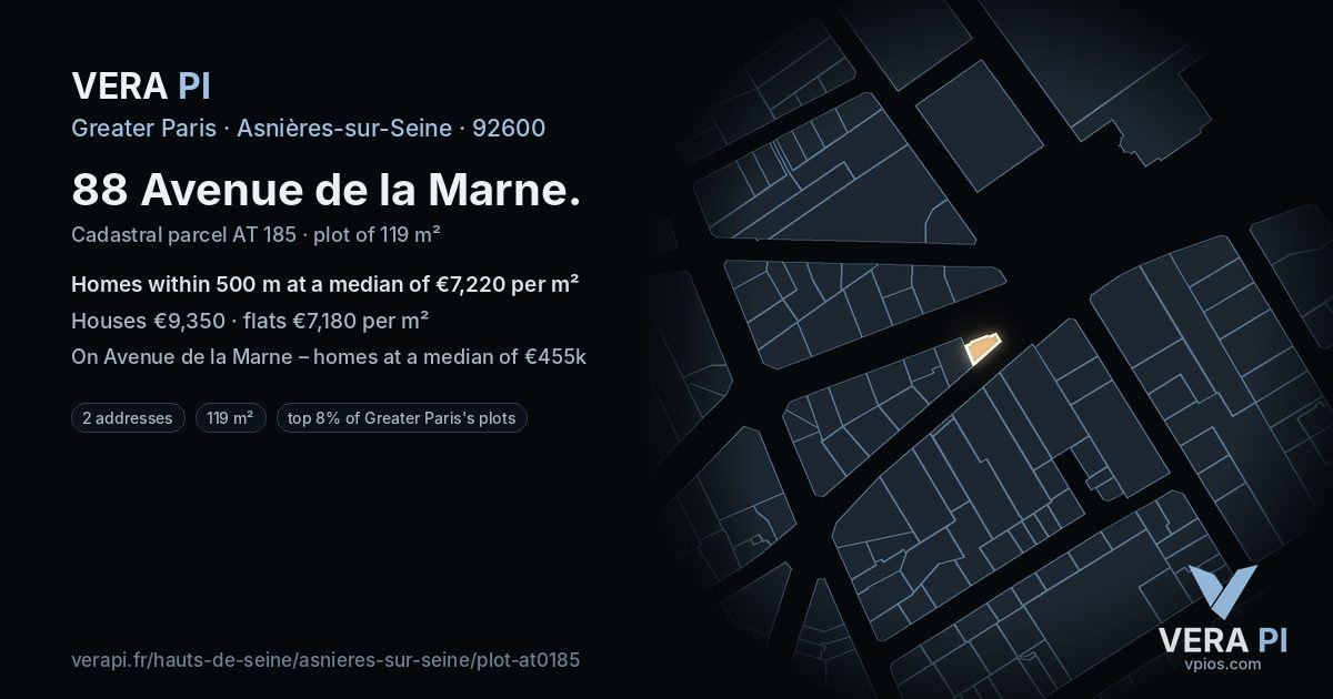 88 Avenue de la Marne, Asnières-sur-Seine at night – the plot lit, the parcels around coloured by the prices near them