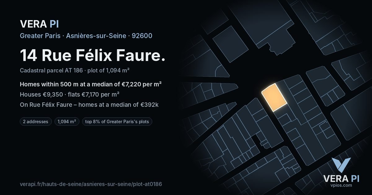14 Rue Félix Faure, Asnières-sur-Seine at night – the plot lit, the parcels around coloured by the prices near them