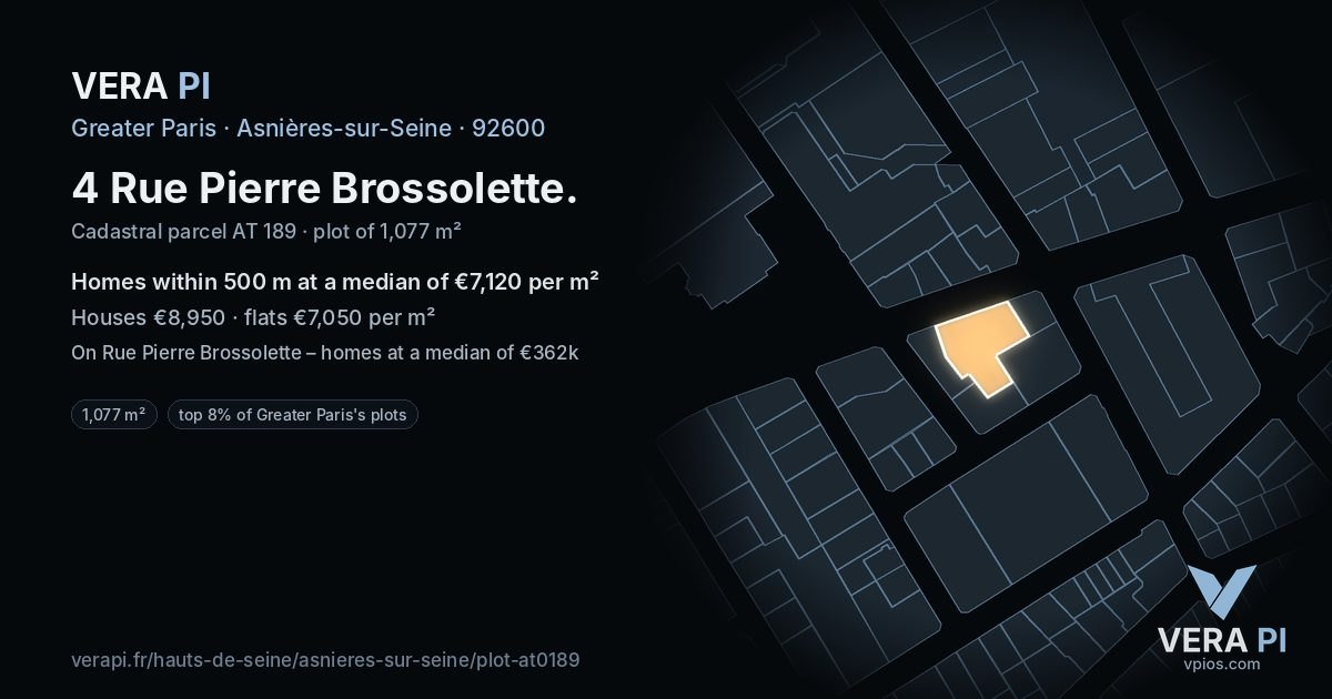 4 Rue Pierre Brossolette, Asnières-sur-Seine at night – the plot lit, the parcels around coloured by the prices near them
