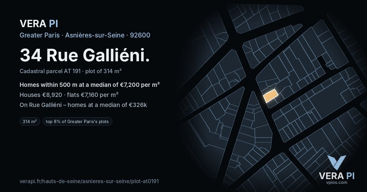 34 Rue Galliéni, Asnières-sur-Seine at night – the plot lit, the parcels around coloured by the prices near them