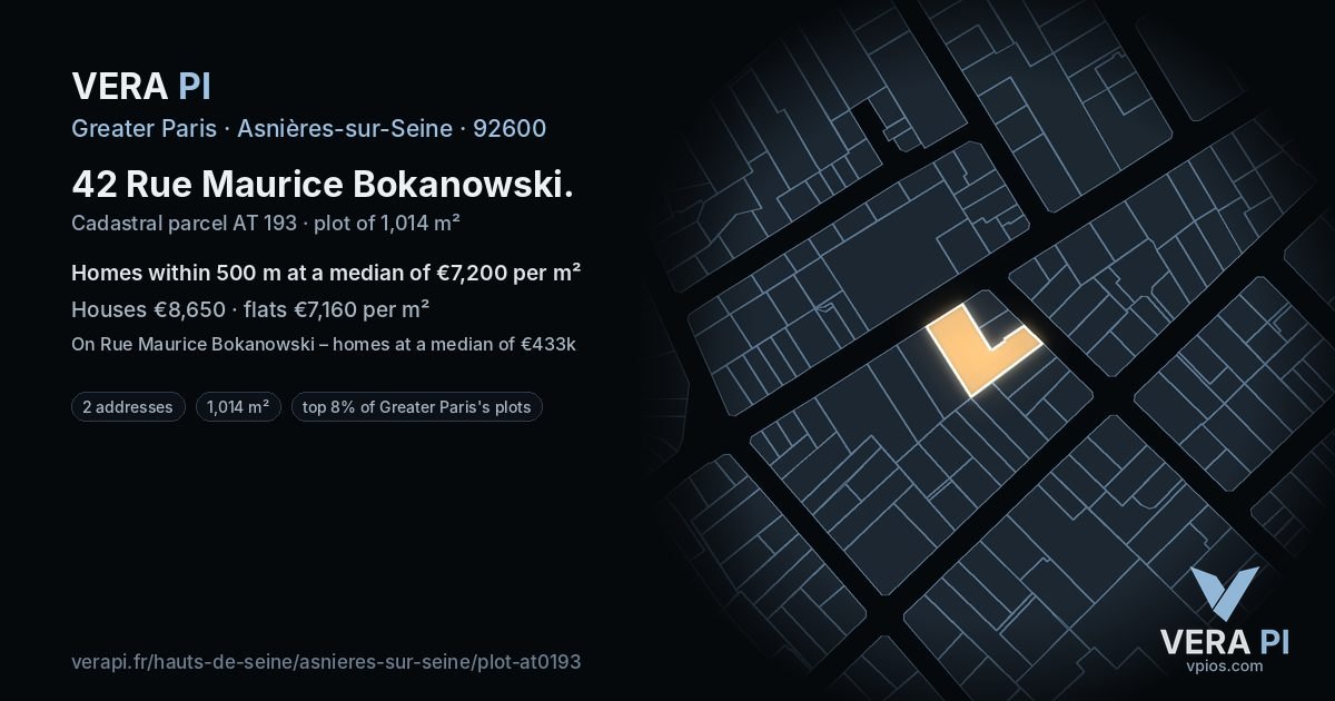 42 Rue Maurice Bokanowski, Asnières-sur-Seine at night – the plot lit, the parcels around coloured by the prices near them