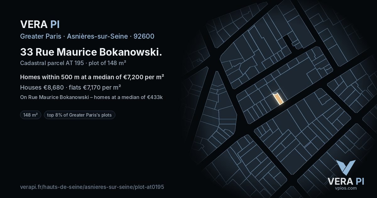 33 Rue Maurice Bokanowski, Asnières-sur-Seine at night – the plot lit, the parcels around coloured by the prices near them