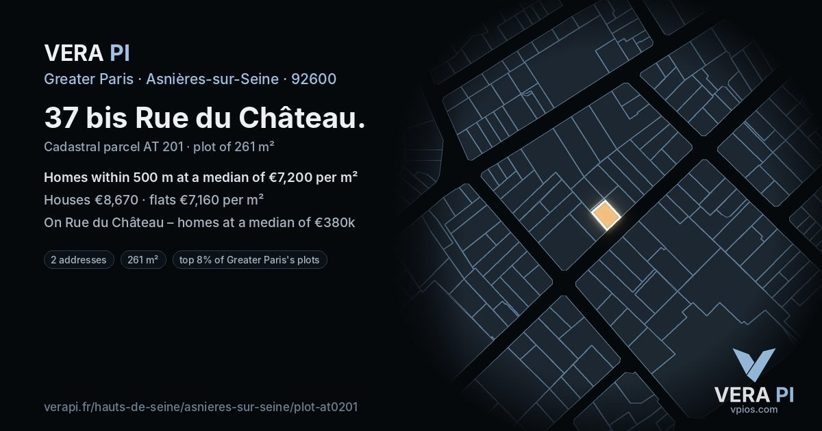 37 bis Rue du Château, Asnières-sur-Seine at night – the plot lit, the parcels around coloured by the prices near them