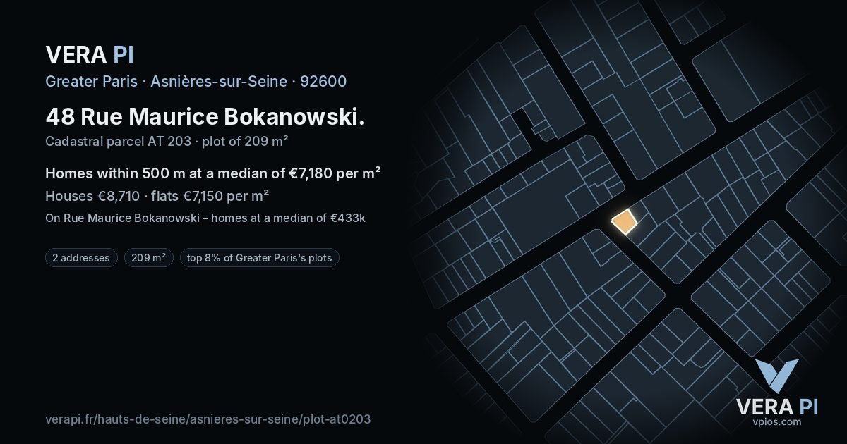 48 Rue Maurice Bokanowski, Asnières-sur-Seine at night – the plot lit, the parcels around coloured by the prices near them