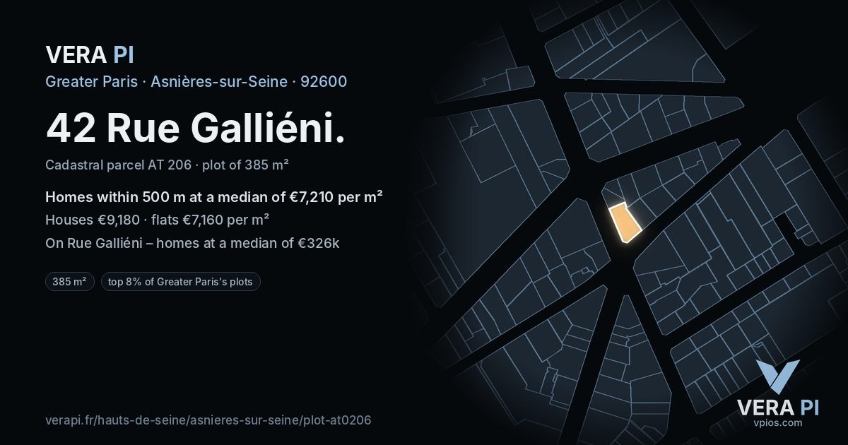 42 Rue Galliéni, Asnières-sur-Seine at night – the plot lit, the parcels around coloured by the prices near them