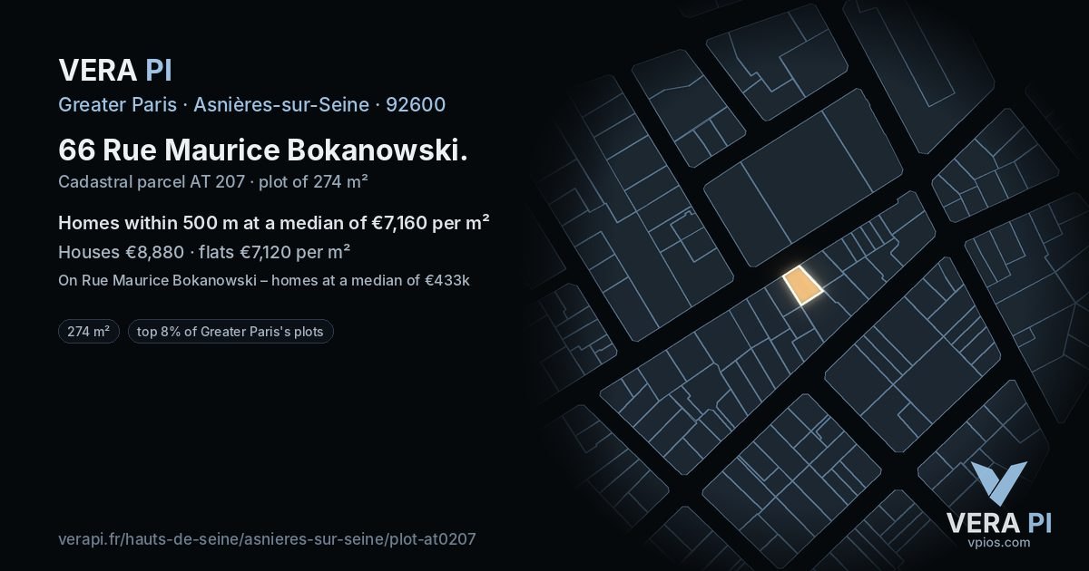 66 Rue Maurice Bokanowski, Asnières-sur-Seine at night – the plot lit, the parcels around coloured by the prices near them