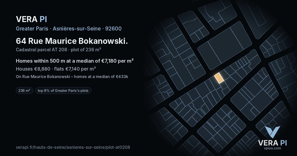 64 Rue Maurice Bokanowski, Asnières-sur-Seine at night – the plot lit, the parcels around coloured by the prices near them