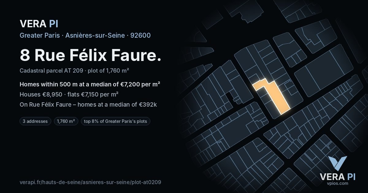 8 Rue Félix Faure, Asnières-sur-Seine at night – the plot lit, the parcels around coloured by the prices near them