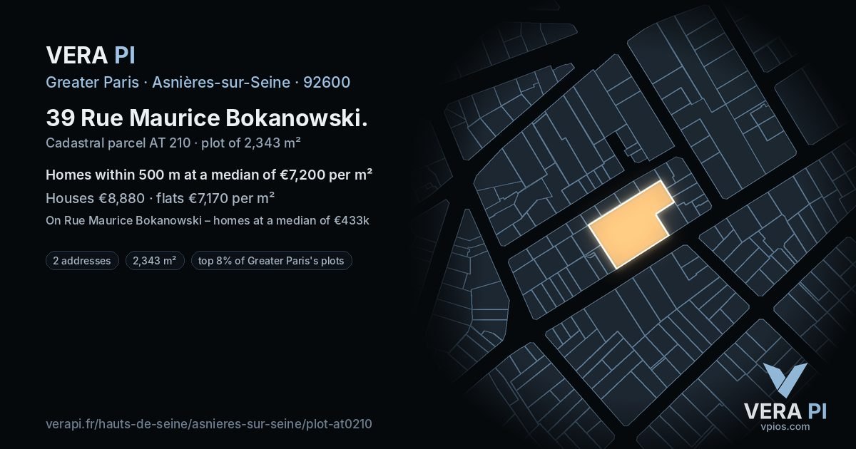 39 Rue Maurice Bokanowski, Asnières-sur-Seine at night – the plot lit, the parcels around coloured by the prices near them