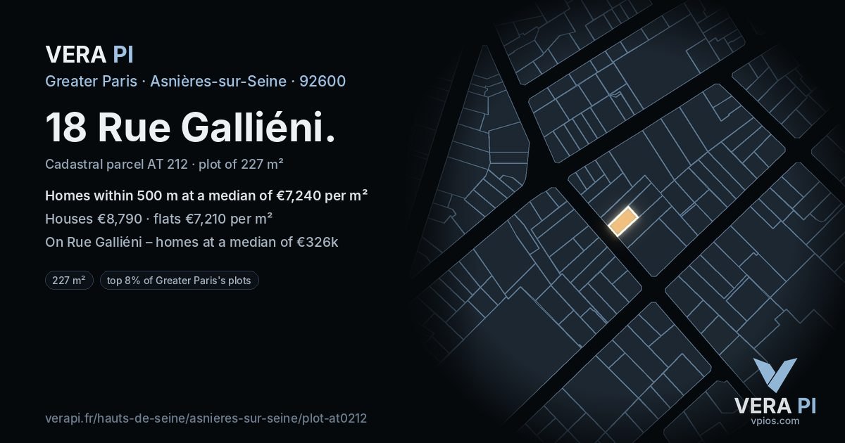 18 Rue Galliéni, Asnières-sur-Seine at night – the plot lit, the parcels around coloured by the prices near them