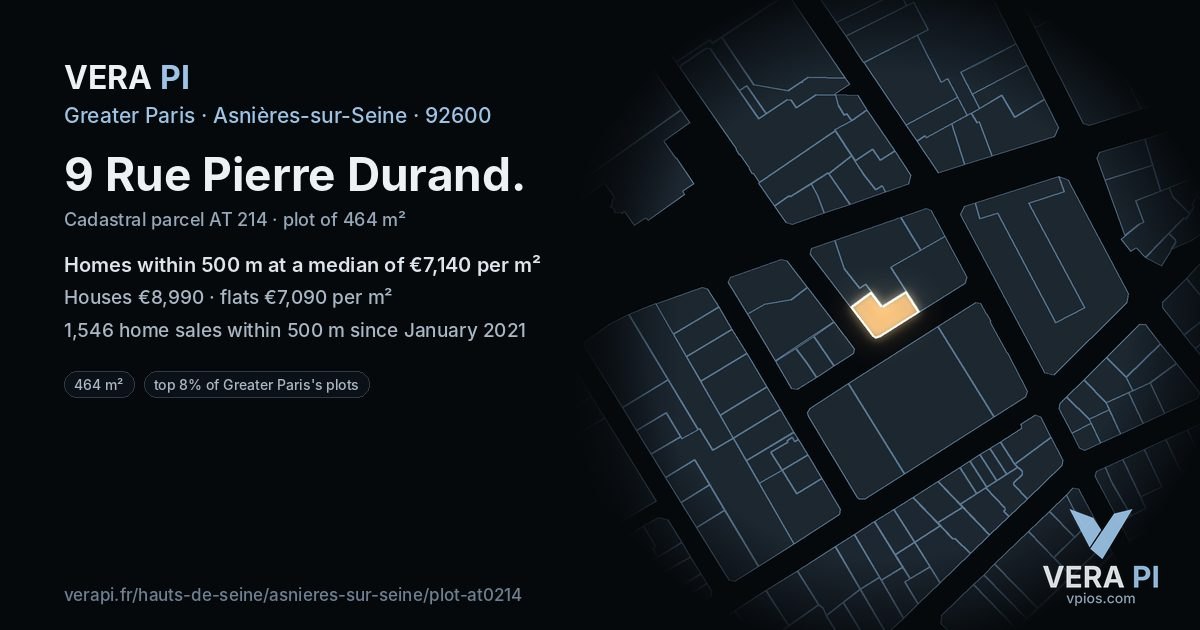 9 Rue Pierre Durand, Asnières-sur-Seine at night – the plot lit, the parcels around coloured by the prices near them