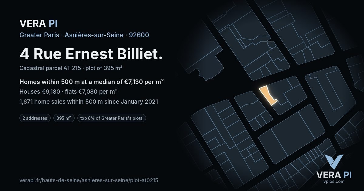 4 Rue Ernest Billiet, Asnières-sur-Seine at night – the plot lit, the parcels around coloured by the prices near them